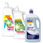 Three laundry detergent bottles: two Ariel brands and a Lenor fabric softener, arranged on a white background (retail product photo).