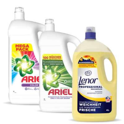 Three laundry detergent bottles on a white background: two Ariel liquid detergents and a Lenor fabric softener.