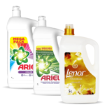 Three laundry detergent bottles: two Ariel (Mega Pack and 100 washes) and Lenor Gold Orchid (5L) for scented laundry care.