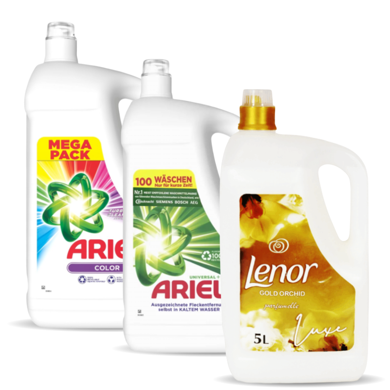 paket-zlati Three laundry detergent bottles: two Ariel (Mega Pack and 100 washes) and Lenor Gold Orchid (5L) for scented laundry care.