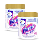 Two bottles of Vanish Oxi Action stain remover powder with gold lids, white packaging and pink/blue branding beside each other.