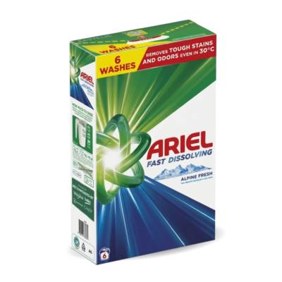 Ariel Fast Dissolving laundry detergent box with green and blue graphics and bold red logo on the front.