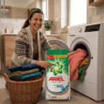 Smiling woman loads a front-loading washing machine with a bag of Ariel detergent beside a basket of folded clothes.