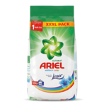 Pack of Ariel laundry detergent, 10 kg, XXXL Pack with green top and colorful rainbow design, powder form front label visible