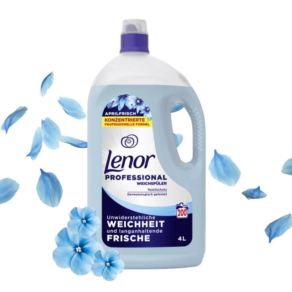 Bottle of Lenor Professional fabric softener (4L) with a purple cap, surrounded by blue flower petals for a fresh, floral scent impression.