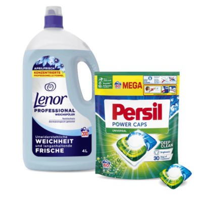 Large bottle of Lenor professional fabric softener next to Persil Power Caps laundry pods for washing clothes.