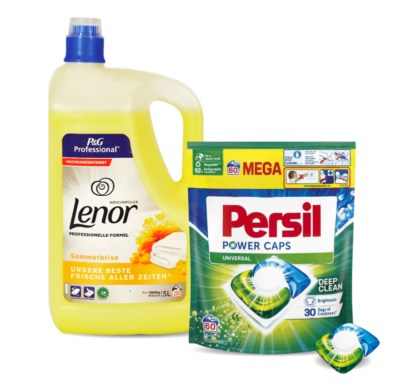 Lenor fabric softener bottle next to Persil Power Caps laundry detergent pack for washing clothes