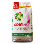 Ariel Platinum laundry detergent bag, 10 kg, white with red logo and green accent band reading 'Universal Clean'.