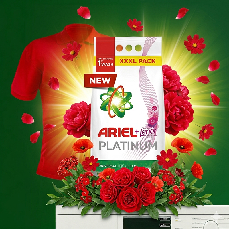 Laundry detergent box (Ariel Platinum) with XXXL Pack and New badge, surrounded by red flowers and a red shirt on a green background.