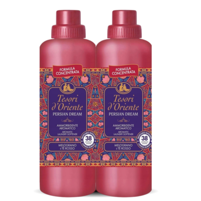 Two pink bottles of Tesori d'Oriente Persian Dream aromatic laundry softener side by side in a product shot.