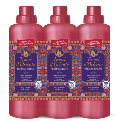 Three pink bottles of Tesori d'Oriente Persian Dream aromatic laundry softener arranged in a row.