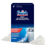 Finish dishwasher salt box with blue gradient and white powder piles on either side; packaging shows Finish logo and product height 1.5 kg.