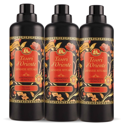 Three identical Tesori d’Oriente Japanese Rituals perfume bottles with ornate red labels, gold trim, and floral detailing, scent labeled 'Tsubaki e Peonia.'