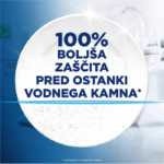 Circular white badge with bold blue text: '100% boljša zaščita pred ostanki vodnega kamna' on a blue background (advertisement).
