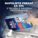 Hand placing a blue salt carton into a freezer salt dispenser, with instructional text overlay about following the manufacturer’s directions.