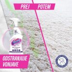 Vanish Oxi Action spray on a beige carpet with bold pink banners saying 'ODSTRANJUJE VONJAVE' (removes odors).
