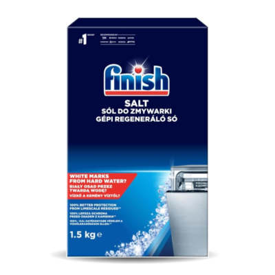 Package of Finish dishwasher salt, dark blue box with the Finish logo and Polish product info, showing a 1.5 kg weight and a dishwasher image on the lower right.