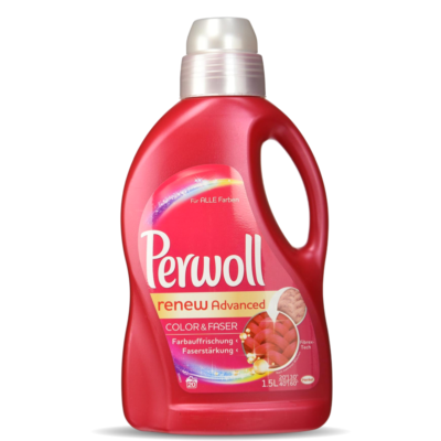 Red plastic bottle of Perwoll Renew Advanced laundry detergent with a silver cap and curved handle, labeled for color protection.