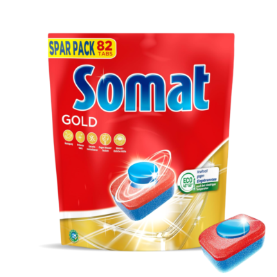 Bright red Somat Gold dishwasher tablets pack (Spar Pack 82 tabs) with a blue-and-red sponge beside it on a white background.