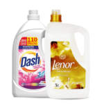 Two laundry bottles: Dash Color Fresh detergent and Lenor Gold Orchid fabric softener.