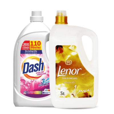 Two laundry bottles: Dash Color Fresh detergent and Lenor Gold Orchid fabric softener.
