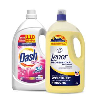 Two large laundry detergent bottles: Dash color fresh detergent and Lenor Professional softener side by side on a white background.