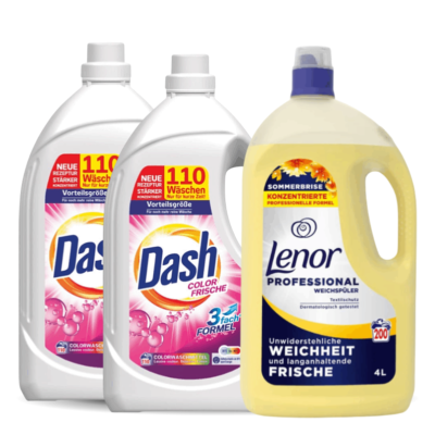 Three laundry bottles: two Dash detergent and one Lenor fabric softener, shown against a white background.