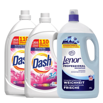 Three laundry detergent bottles: two Dash Color Fresh bottles in front and a Lenor Professional fabric softener bottle on the right (4 L).