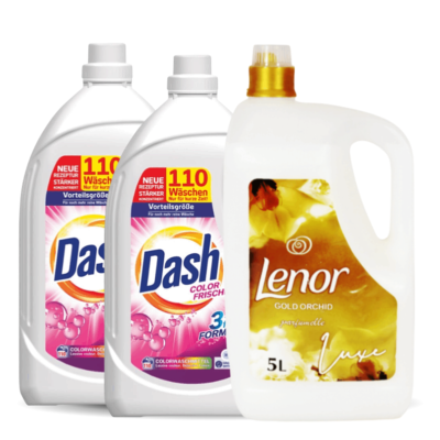 Three laundry products: two Dash detergent bottles with purple labels beside a Lenor Gold Orchid fabric conditioner bottle (5L).
